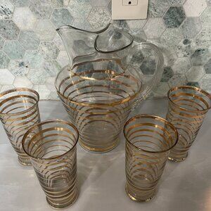 Vintage MCM Glass Serving Set, Horizontal Gold Stripes, Pitcher  & 4 Glasses